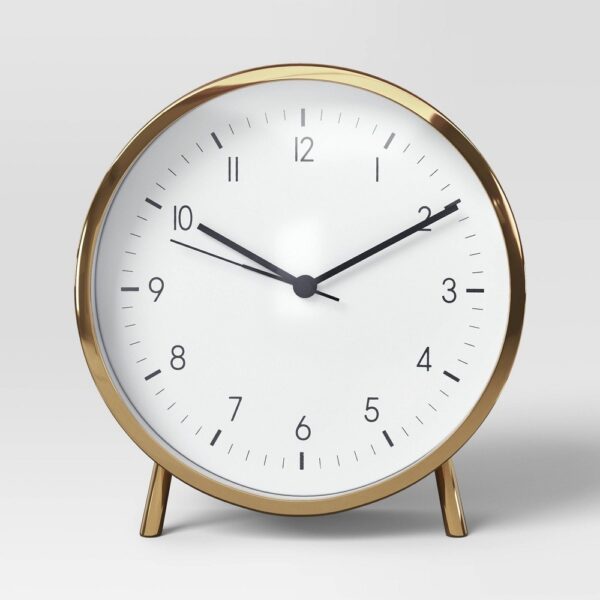 6" Mantle Clock with Alarm Brass - Threshold: Modern White Face, Table & Desk Timepiece