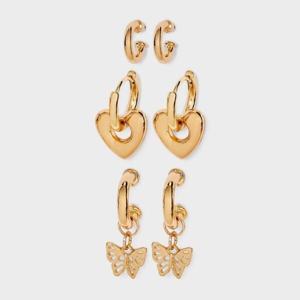 Butterfly and Heart Charm Hoop Earring Set 3pc - Wild Fable? Gold