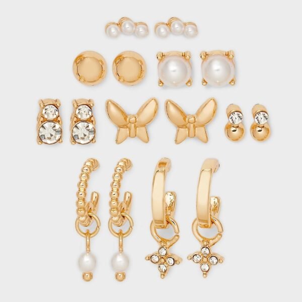 Pearl Stud Hoop Butterfly Flower Earring Set 8pc - a New Day Gold