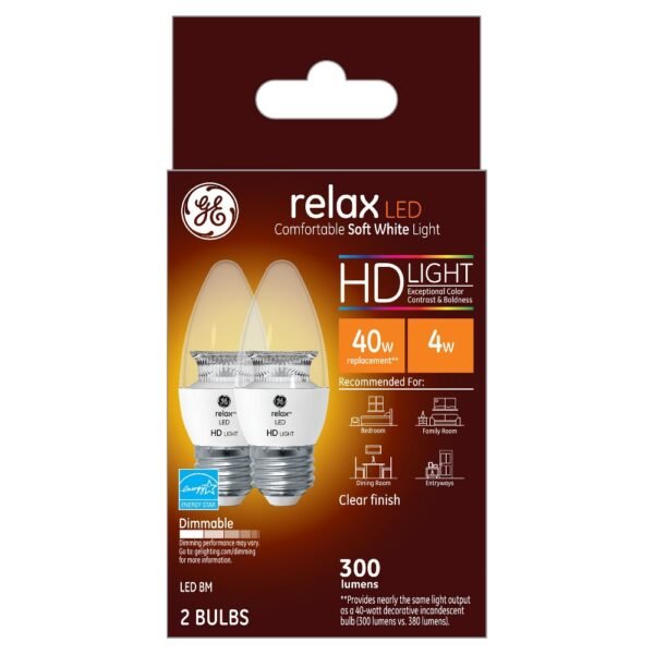 GE 2pk 40W Relax LED Decorative Light Bulbs Soft White: Dimmable, Energy Star, 13.7-Year Life, 320 Lumens, E26 Base