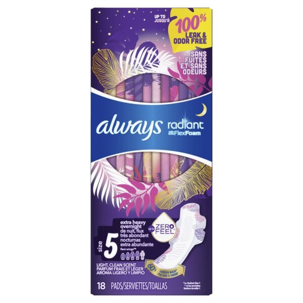 Always Radiant FlexFoam Pads for Women Extra Heavy Overnight Absorbency