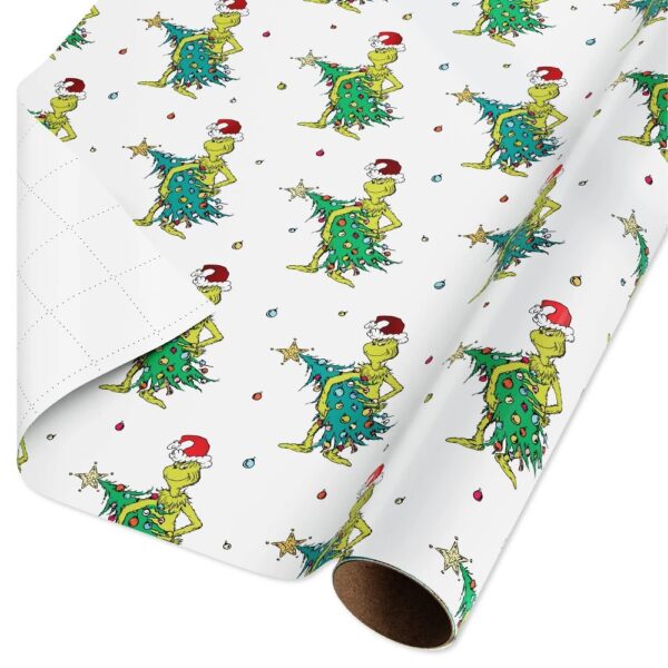 Dr. Seuss the Grinch with Tree 20 Sq Ft Christmas Gift Wrap White