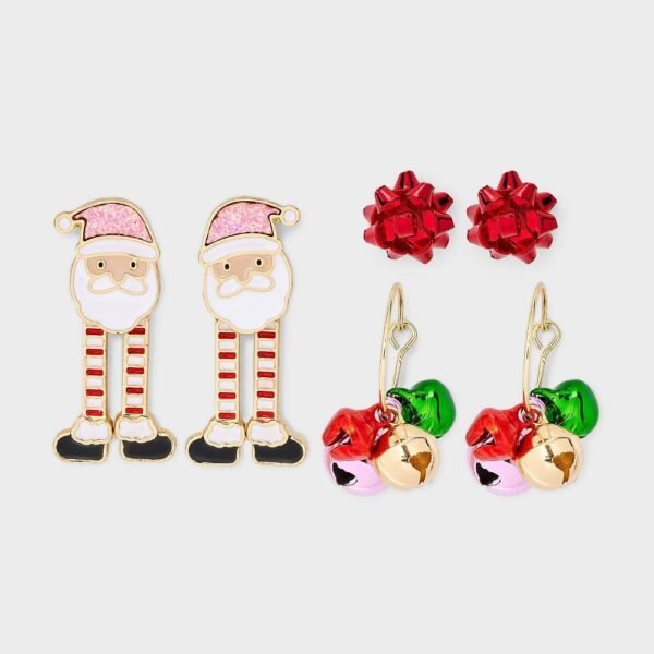Christmas Santa Bow and Bell Earring Set 3pc - Gold/Red