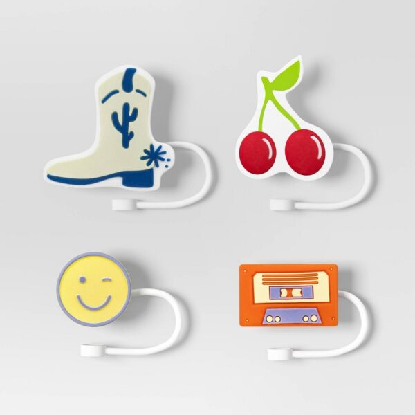 4pk Tape/Boot/Cherry/Smile Straw Covers - Room Essentials?: Silicone Drinkware Accessories, Dishwasher-Safe, All Ages