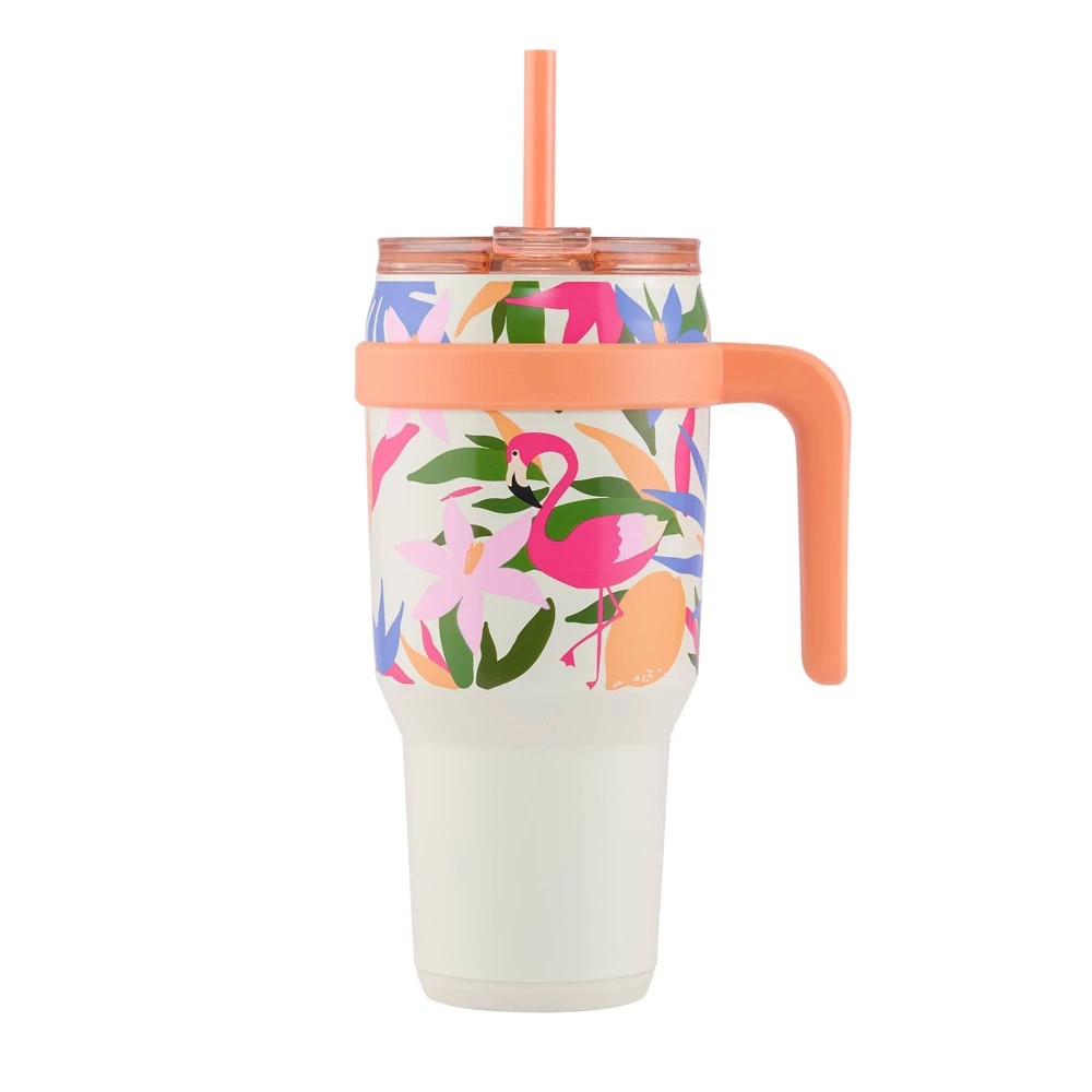 1276040223-1.jpg Reduce 40oz Cold1 Vacuum Insulated Stainless Steel Straw Tumbler Mug Tropical Twist Flamingo Print: BPA-Free, Dishwasher-Safe - Image 1