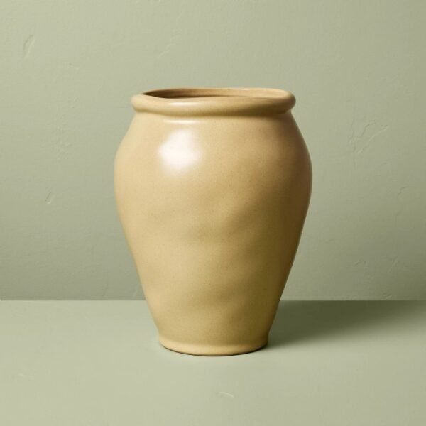 10" Smooth Ceramic Urn Vase Tan - Hearth & Hand? with Magnolia: Farmhouse Bud Vase, Watertight, Recycled Content "