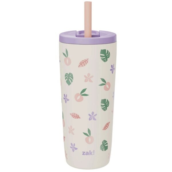 Zak Designs 20 Fl Oz Stainless Steel Peachy Print Straw Tumbler Purple: Dishwasher-Safe, Cold Beverages, Portable Drinkware