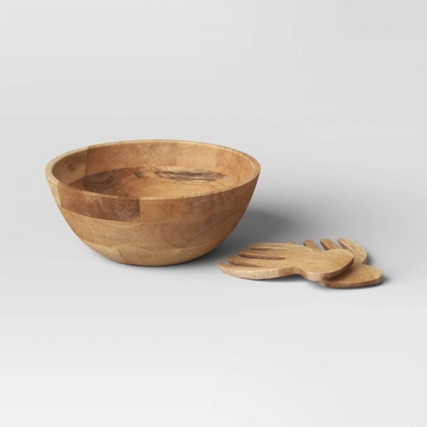 3pc Wood Salad Bowl Set with Utensils - Threshold: Large Round Serving Bowl, Natural Brown, FSC Certified