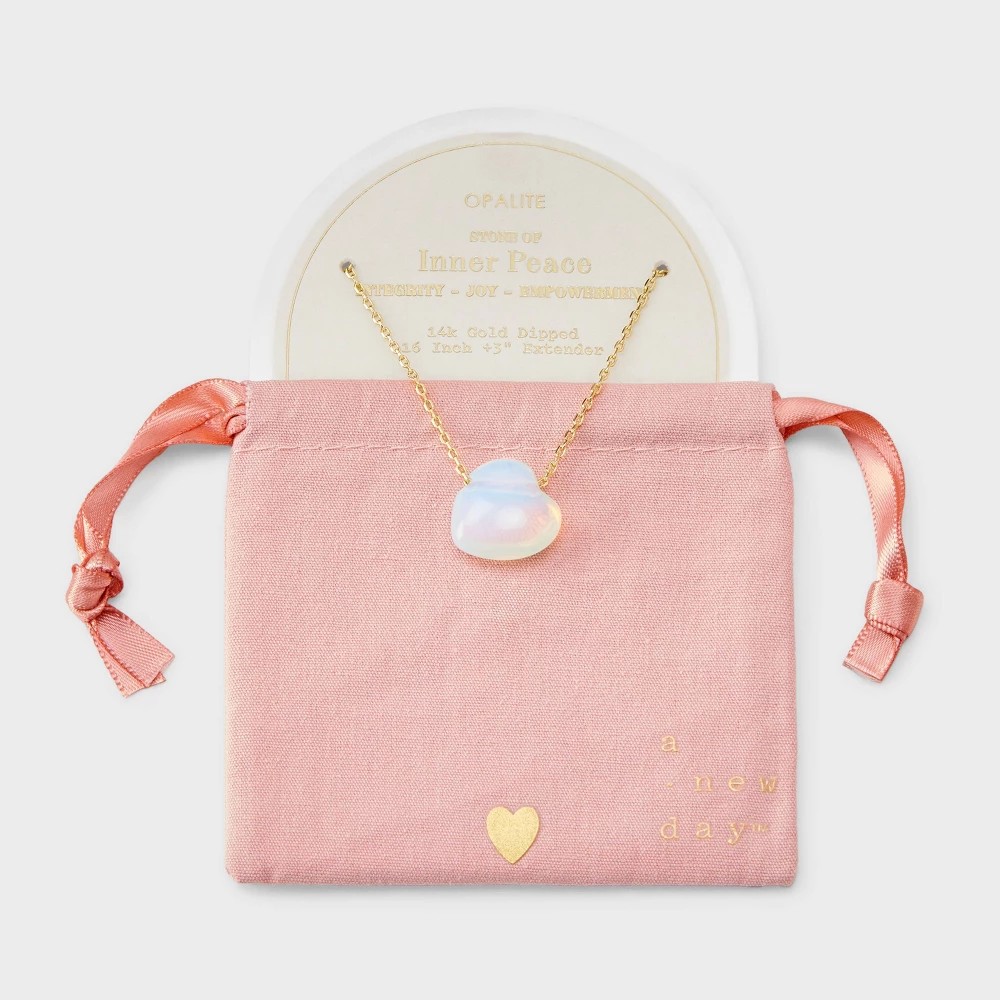 1276083134-1.jpg 14K Gold Dipped Opalite Heart Slider Pendant Necklace - a New Day? Gold/Ivory - Image 1