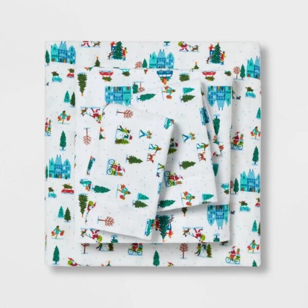Queen Christmas Flannel Sheet Set Snowy Village - Wondershop?