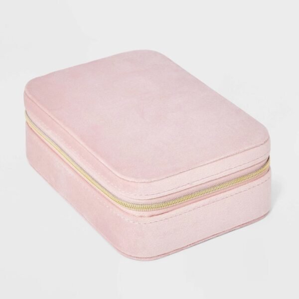 Rectangular Travel Jewelry Organizer - a New Day Pink Velvet: Polyester Storage Box, Adult Use, 6" X 4.5" X 2"
