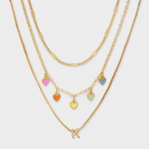Girls' K Initial with Multi Hearts Necklace Set - Art Class: Iron, Acrylic, Lobster Claw Clasp, 16" Length, 3 Pieces