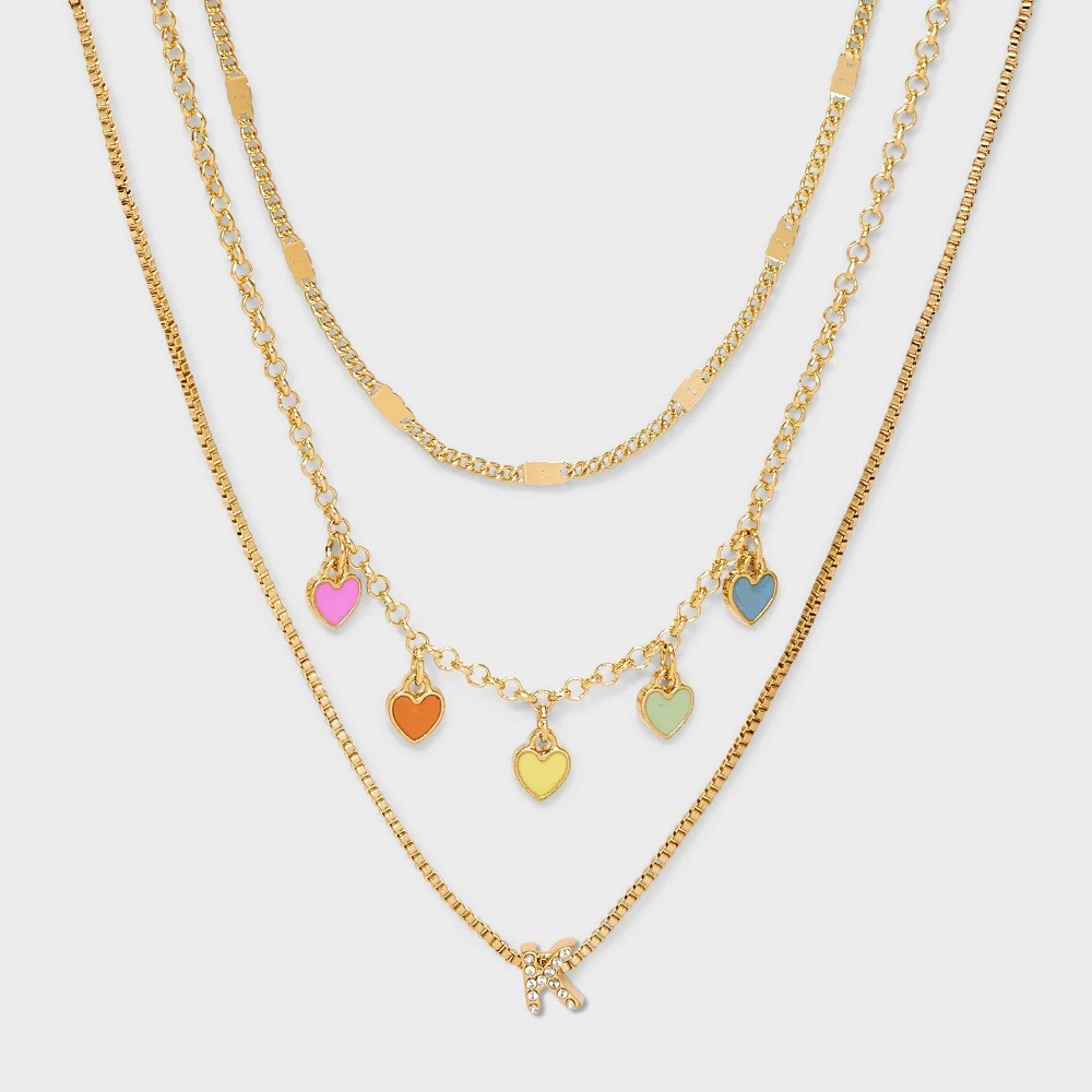 1276090719-1.jpg Girls' K Initial with Multi Hearts Necklace Set - Art Class: Iron, Acrylic, Lobster Claw Clasp, 16" Length, 3 Pieces - Image 1