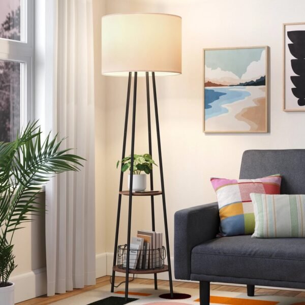 Floor Lamp with Shelves - Room Essentials: Black Metal, Linen Shade, ETL Listed, 62" Height "