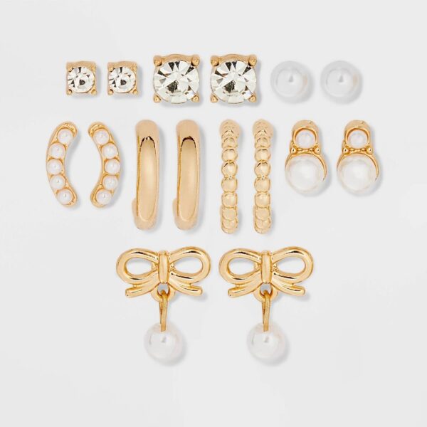 Bows and Pearls Earring Set 8pc - a New Day White: Nickel-Free Metal, Drop, Hoop, Stud Styles, Post Closure