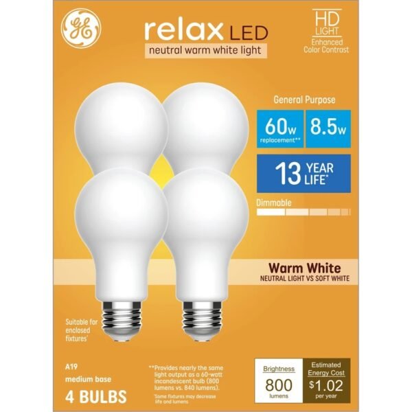 GE 4pk 60W Relax LED A19 Bulbs Warm White: Dimmable, 800 Lumens, 3000K, E26 Base, Suitable for Wet Locations, 13.7-Year Life "