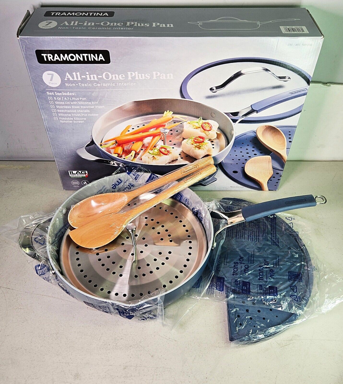 1346786988-1.jpg NEW Tramontina Ceramic Nonstick All in One Plus Pan 6 Piece Set Blue - Image 1