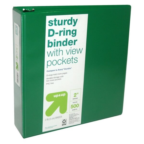 2" 3 Ring Binder Clear View Green - up&up?: 500 Sheet Capacity, D Rings, Internal Pockets, Standard Binders