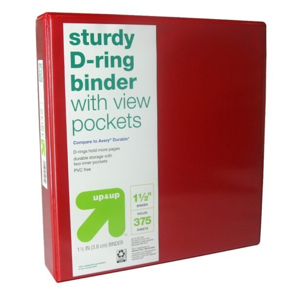 1.5" 3 Ring Binder Clear View Red - up&up?: D Rings, 375 Sheet Capacity, 4 Internal Pockets, Cardboard & Polypropylene