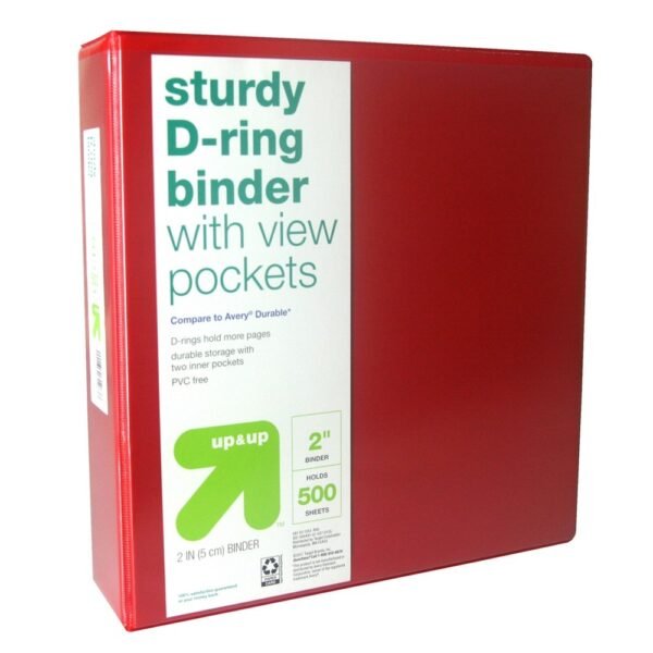 2" 3 Ring Binder Clear View Red - up&up?: D Rings, 500 Sheet Capacity, Internal Pockets, Cardboard & Polypropylene