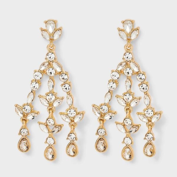 Fancy Rhinestone Chandelier Earrings - Clear: Zinc Alloy, Post Closure, 4" Length, 1" Width, 0.06 Lbs, No Brand