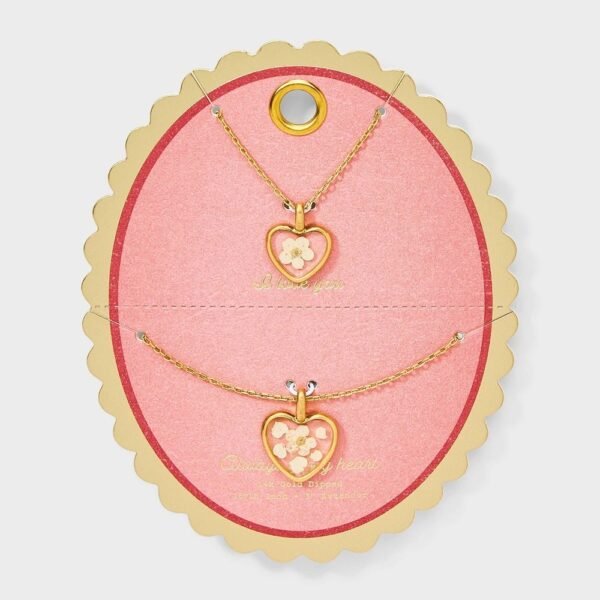 Valentine's Day 14K Gold Dipped Floral Heart Shape Pendant Necklace Set 2pc - Gold: Cable Chain, Spring Ring Clasp, Nickel-Free Metal