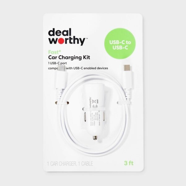 1-Port 20W Car Charger with 3' PVC USB-C to USB-C Cable - Dealworthy White