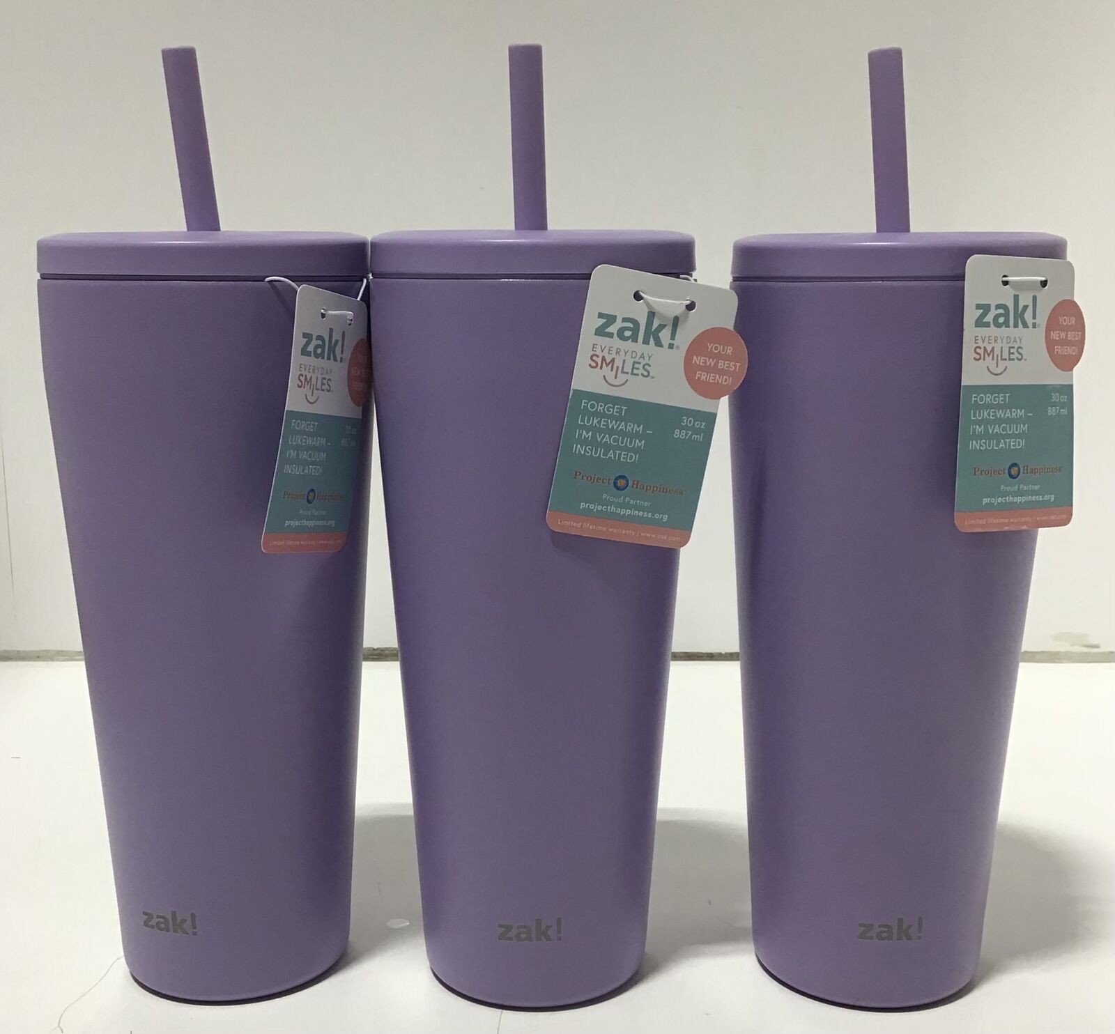 1428628542-1.jpg Zak! Designs 30 Fl Oz Stainless Steel Straw Tumbler Lot of 3 Purple - Image 1