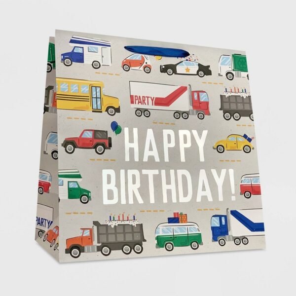 Happy Birthday Vehicles Large Gift Bag - Spritz: Multicolor Boys Birthday Party Gift Bag, 15"x15"x8"
