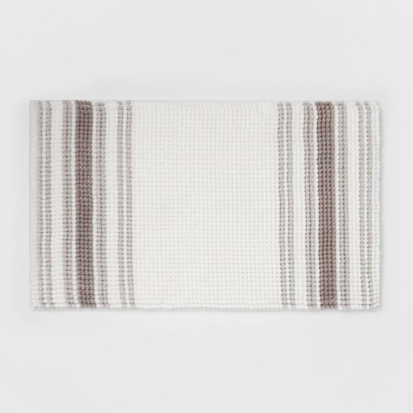 20"x34" Low Chenille Memory Foam Bath Rug White Striped - Threshold: Machine Washable, Recycled Polyester, OEKO-TEX Certified
