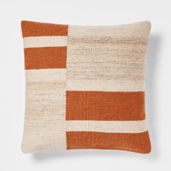 Oversized Blocked Woven Square Throw Pillow Neutral - Threshold: Modern Decorative Accent, Indoor Use