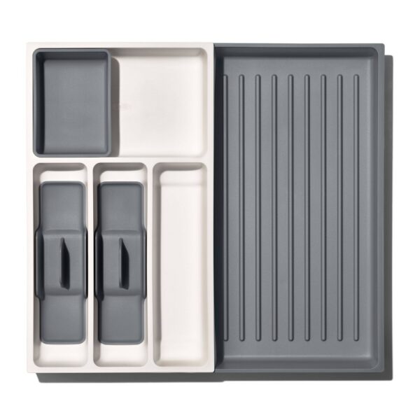 OXO Expandable Utensil Drawer Organizer: Gray Kitchen Storage, Hand Wash, TPE & Polypropylene, 16.35" Depth, 9.91" Width "