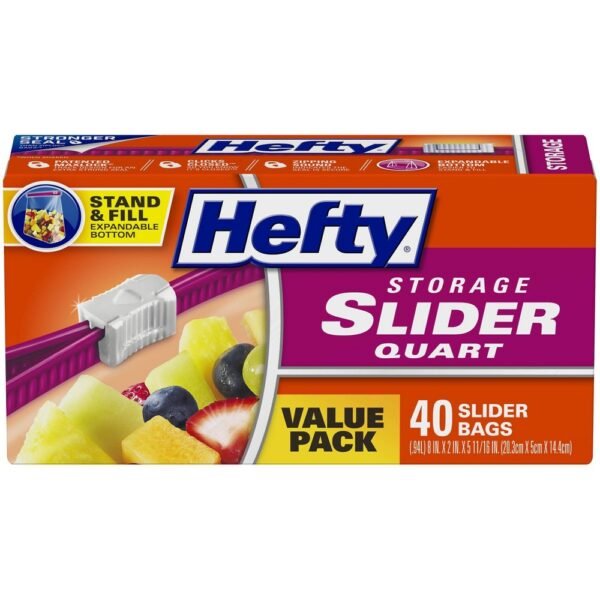 Hefty Slider Storage Bags, 1 Qt, Clear, Box of 40 "