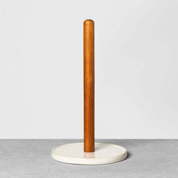 Stoneware & Wood Paper Towel Holder Cream/Brown - Hearth & Hand? with Magnolia: Glazed Finish, Spot Clean, Tabletop Design "
