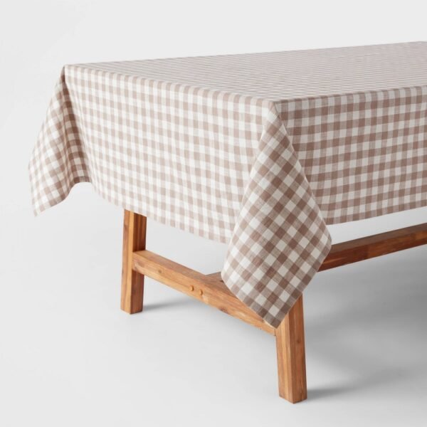 60" X 84" Cotton Gingham Tablecloth Taupe - Threshold: Traditional Rectangle, Machine Washable, OEKO-TEX Certified "