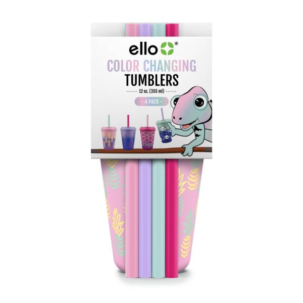 Ello 12oz 4pk Plastic Chameleon Color Changing Cups with Twist on Lids Purple: Kids BPA-Free Drinkware, Hand Wash