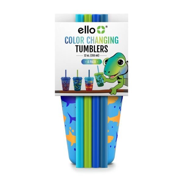 Ello 12oz 4pk Plastic Chameleon Color Changing Cups with Twist on Lids Blue: BPA-Free Kids Cups with Lids, Portable Drinkware "
