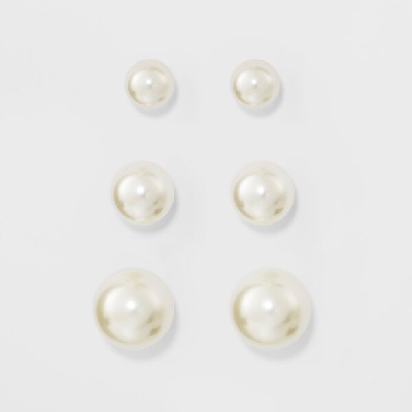 Faux Pearl Stud Earring Set 3ct - a New Day Silver: Glass, Brass, Nickel-Free Metal, Post Closure, 0.25" Dimensions