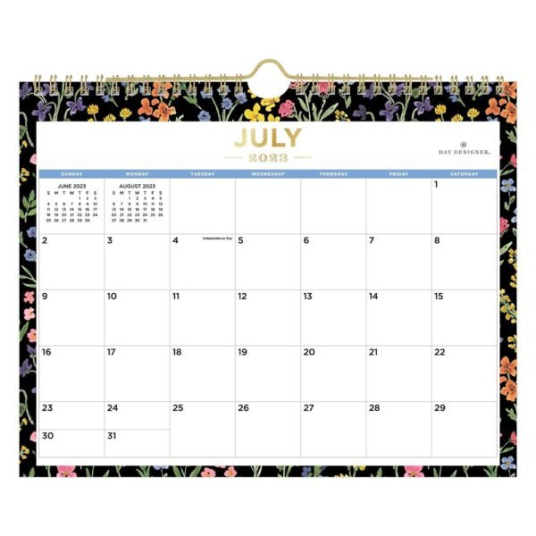 Day Designer 2023-24 Academic Wall Calendar 11"x8.75" Monthly Wirebound Flower Field Black