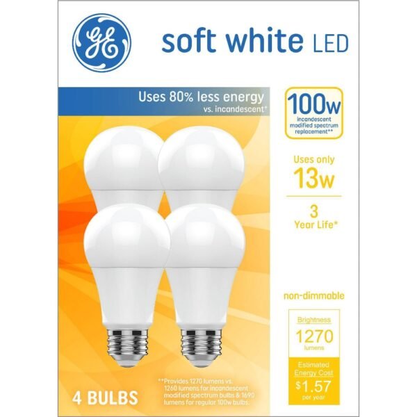 GE 4pk 100W Soft White A19 LED Light Bulbs: Standard E26 Base, 1270 Lumens, 2700K, 3-Year Life, Suitable for Damp Locations "