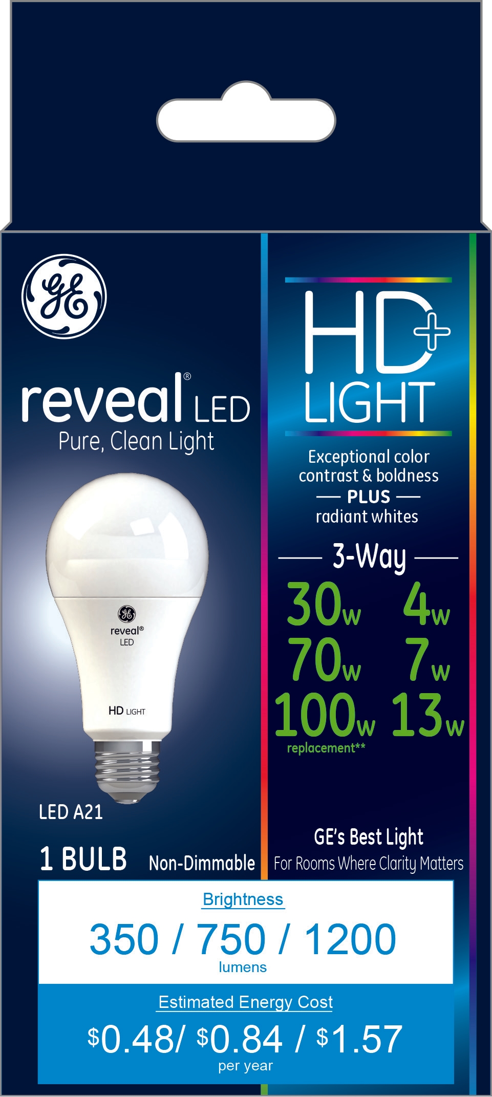 82602504-1.jpg GE Reveal HD+ LED HD 3-Way Light Bulb: 13W A19, 1200 Lumens, E26 Base, 2850K, 3-Way Settings, 13.7-Year Life, Damp Location Suitable " - Image 1