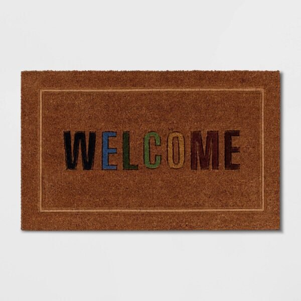 1'6"x2'6" 'Welcome' Coir Doormat Multi/Natural - Threshold: Outdoor Rug, Rainbow Pattern, Medium Pile