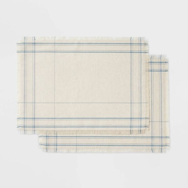 2pk Plaid Placemats Blue - Threshold Designed with Studio McGee: Cotton & Linen, Rectangle, Machine Washable