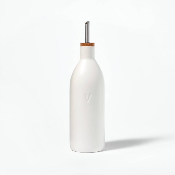Ceramic Vinegar Pour Bottle Cream - Figmint: Stoneware Oil Dispenser, Stainless Steel & Wood Lid, 18.7oz Capacity