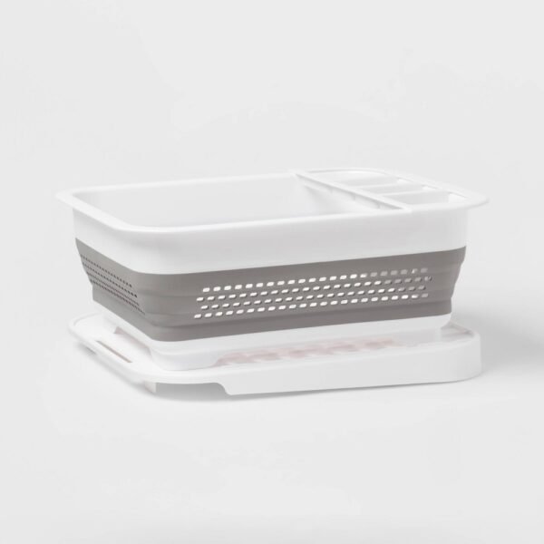 Plastic Collapsible Dish Rack with Drip Tray White - Brightroom: Freestanding Drying Rack with Drain Board