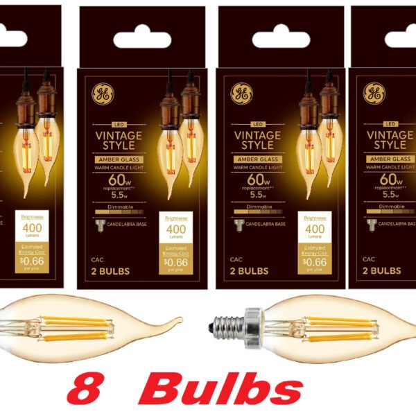 GE LED Candelabra Light Bulb Vintage Amber Glass Dimmable 5.5W Replaces 60W, 8PK "