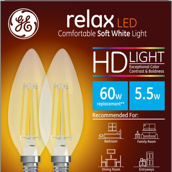 GE 2pk 60W Relax LED Decorative Light Bulbs Soft White: E12 Candelabra Base, Dimmable, Energy Star, 500 Lumens, 2700K